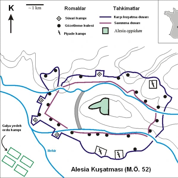 Alesia Kuşatması,
Jül Sezar, Galya'yı (bugünkü Fransa) fethederken, 80.000 kişilik ordusuyla Alesia tepesine kapanan isyancı lider Vercingetorix ile karşılaştı. Sezar doğrudan saldırmak yerine, kasabanın etrafına 18 kilometrelik devasa bir duvar ördürdü. Hedef netti: Düşmanı içerde açlığa mahkum etmek.
Ancak asıl hikâye, dışarıdan devasa bir Galya destek ordusunun geldiğini öğrenince başladı. Çoğu komutan kaçardı ama Sezar imkânsızı yaptı: Dışarıya dönük ikinci bir duvar daha inşa etti! Sezar artık ordusuyla beraber iki duvarın, dolayısıyla iki düşman ordusunun arasına kendi isteğiyle hapsolmuştu. Kuşatmacıyken kuşatılan olmuştu.
İki ateş arasında kalan Romalılar için savaş korkunçtu. Savunmanın çökmek üzere olduğu o en kritik anda Sezar, meşhur kırmızı pelerinini dalgalandırarak bizzat cepheye koştu ve askerlerine cesaret vererek hattı tuttu.
Sonuç mu? Duvarlar yıkılmadı, destek ordusu dağıldı ve Vercingetorix teslim oldu. Sezar koca bir coğrafyayı kılıç darbeleriyle değil; mühendislik, zekâ ve çelik gibi bir sinirle dize getirmişti!